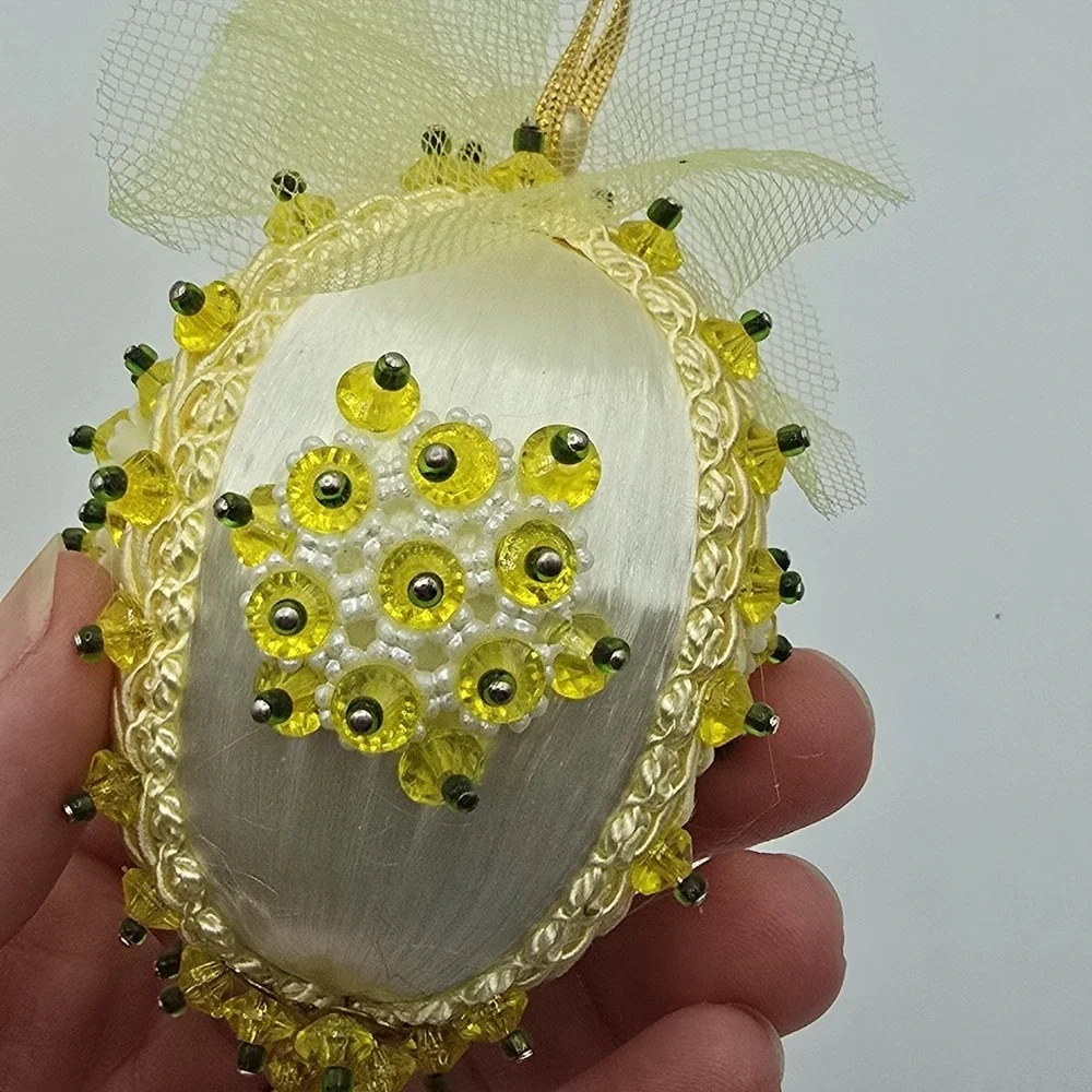 Vintage Handmade Yellow Satin‎ Push Pin Christmas Ornament with Ribbon Beads